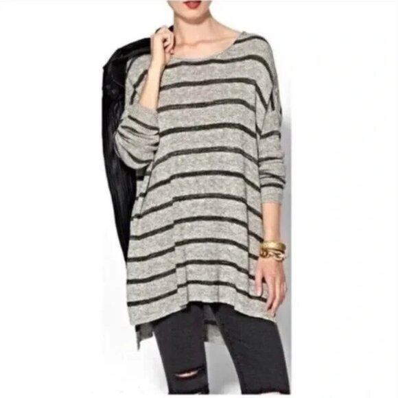Free People Gray Striped Sweater Tunic High Low Oversized Crewneck Small M L XL - Picture 1 of 14